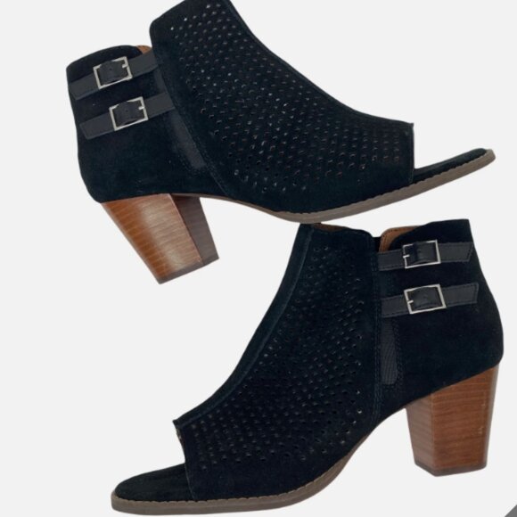 Vionic Chryssa Womens 10 Suede Open Peeptoe Ankle Boots Black Zip Perforated - Picture 1 of 11